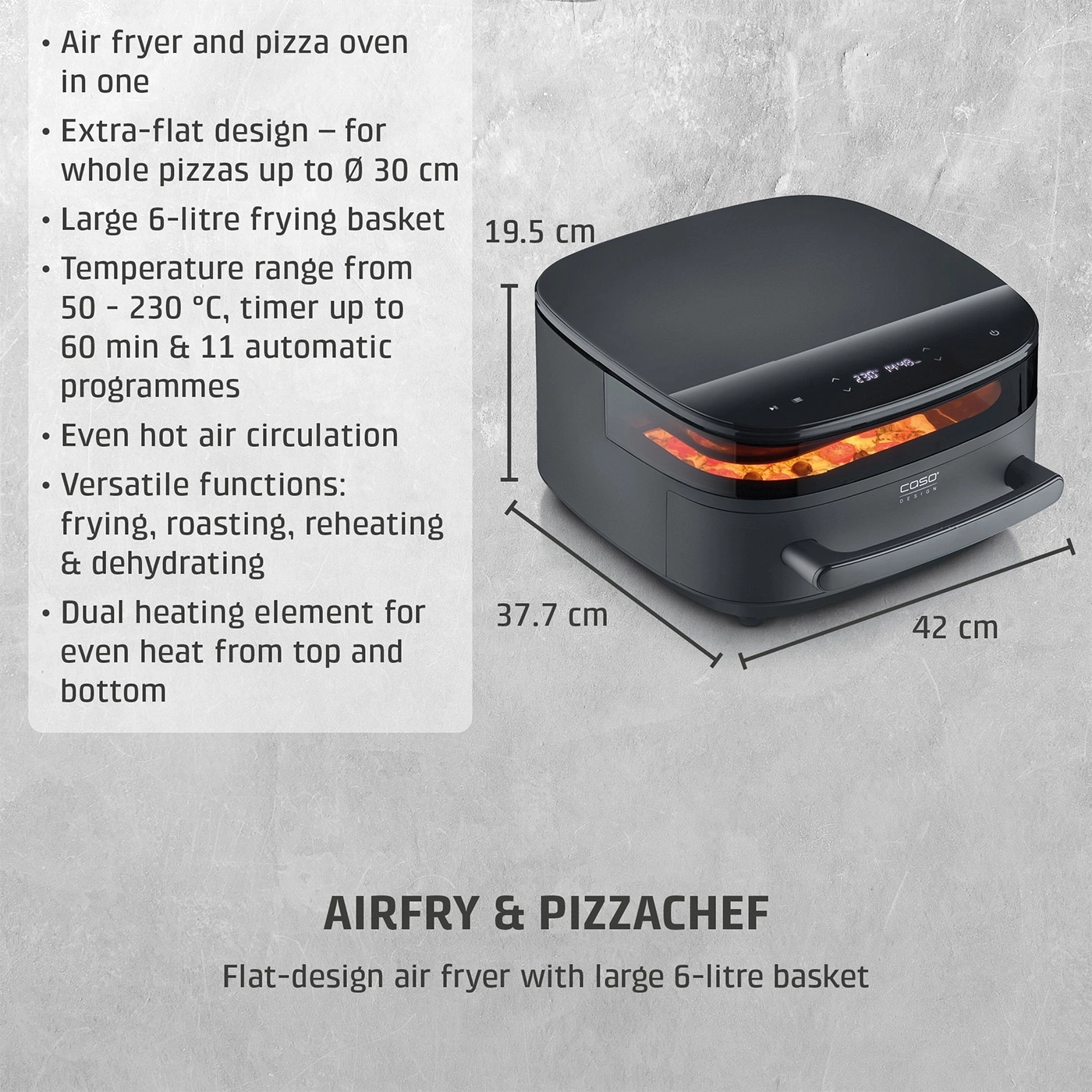 Dark air fryer with flat design and pizza up to 30cm diameter.