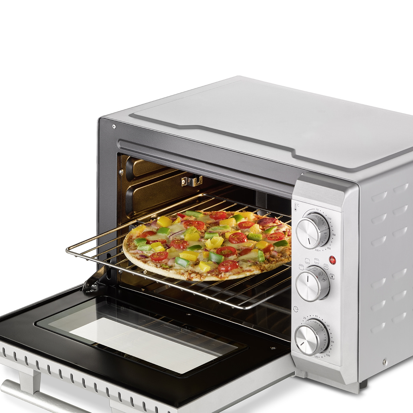 Ein Ofen mit Pizza, die gebacken wird. Der Ofen ist offen.