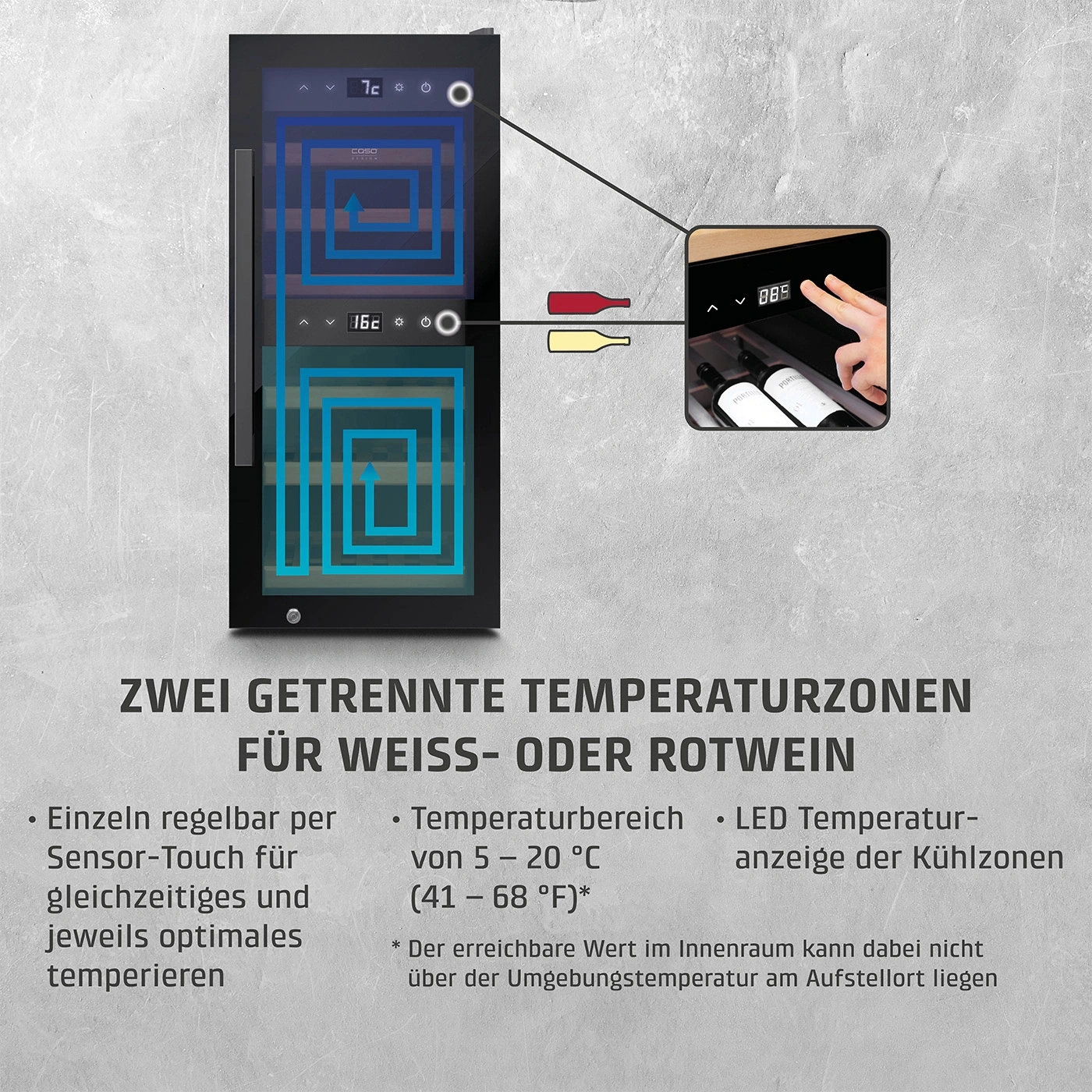 Weinkühlschrank mit zwei Temperaturzonen, Sensor-Touch und LED-Anzeige für Weiß- und Rotwein.