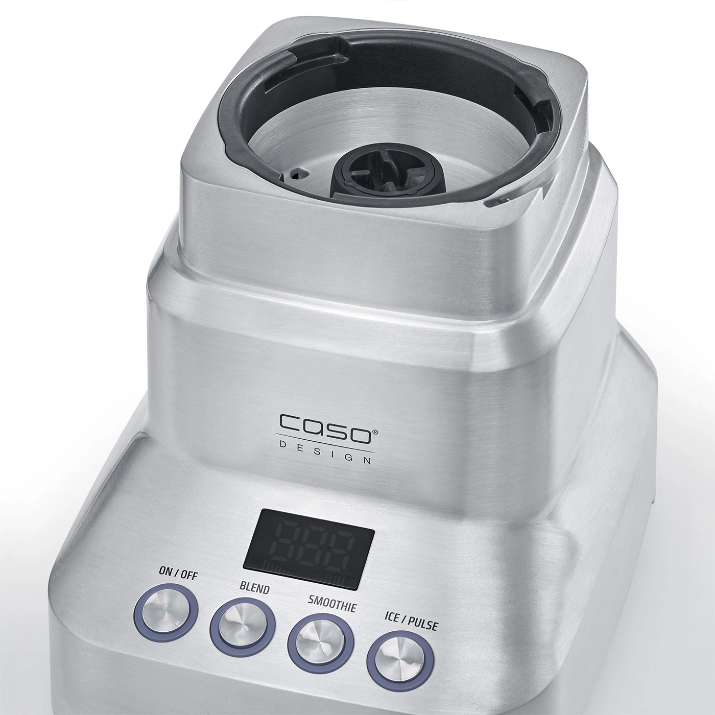 Stainless steel blender base with digital display and buttons.
