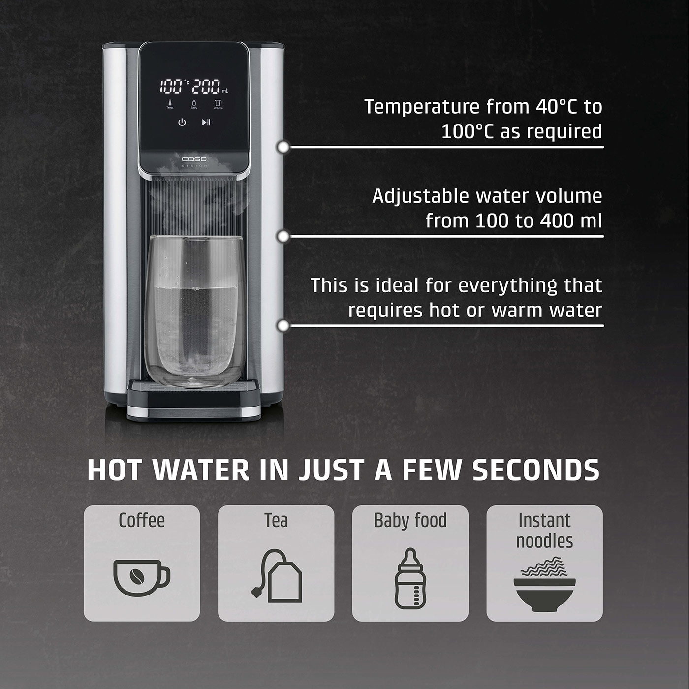 Hot water dispenser with temperature control and water volume adjustment for coffee, tea, baby food, and instant noodles.