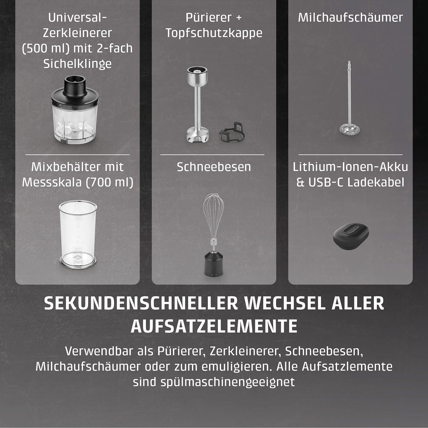 Ein Stabmixer mit verschiedenen Aufsätzen und Zubehörteilen.