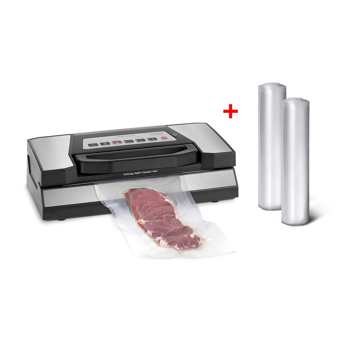 Vacuum sealer with meat and rolls. Caution: Hot!
