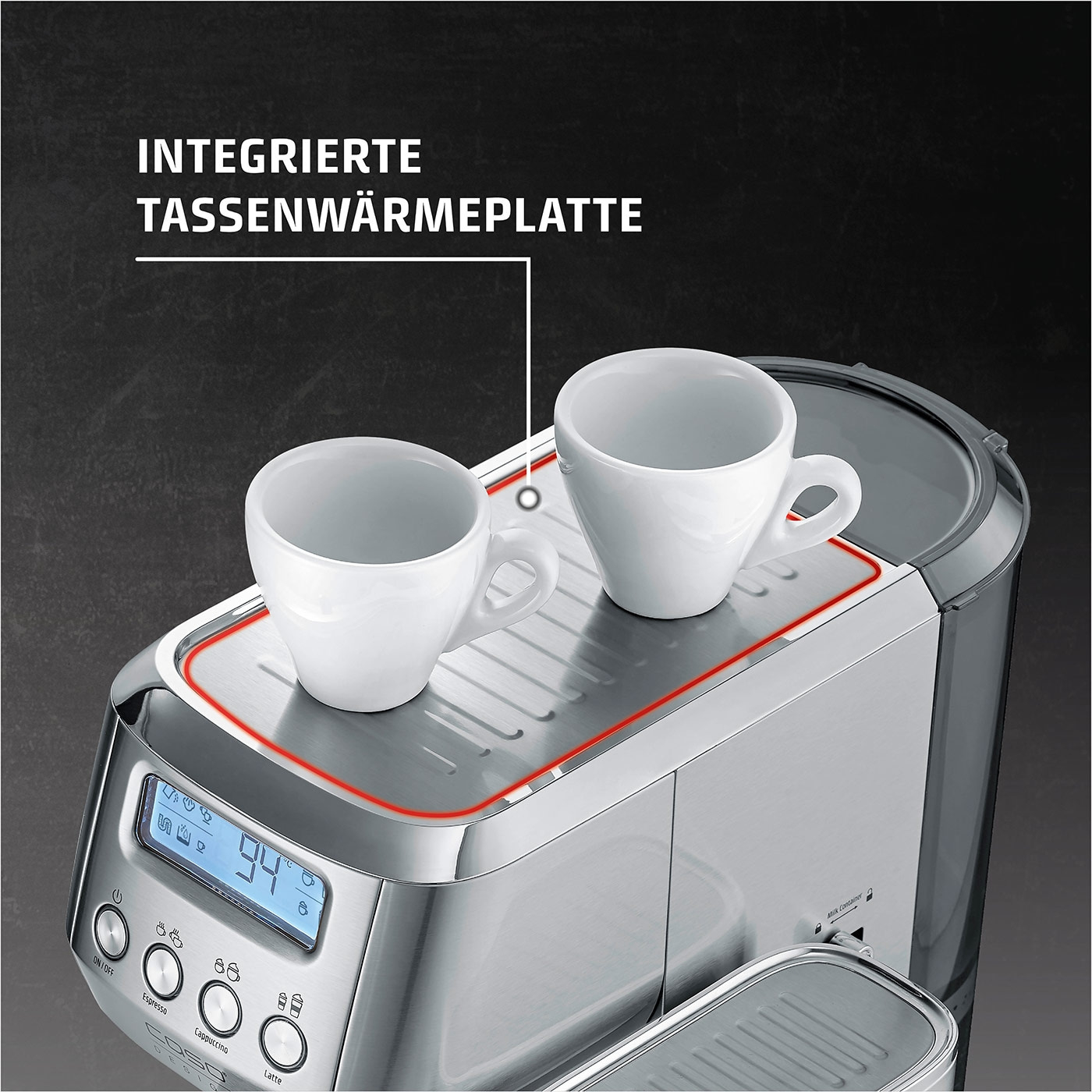 Kaffeemaschine mit Tassenwärmer, zwei Tassen, Temperaturanzeige, Espresso, Cappuccino, Latte.