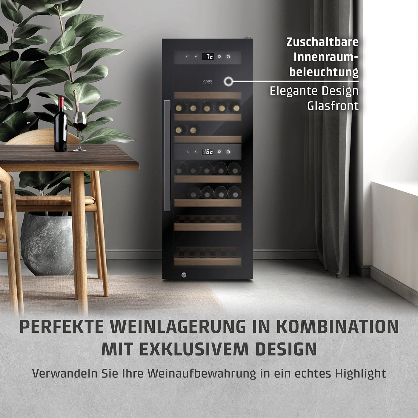 Weinkühlschrank mit Glasfront und Beleuchtung, elegantes Design, Weinlagerung