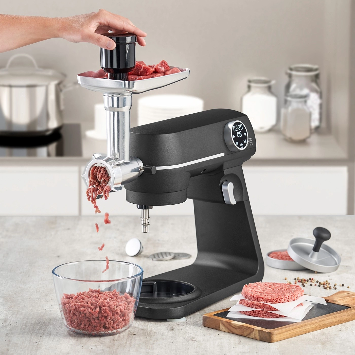 Meat grinder with meat, burgers, bowl, hand, kitchen, appliance, food