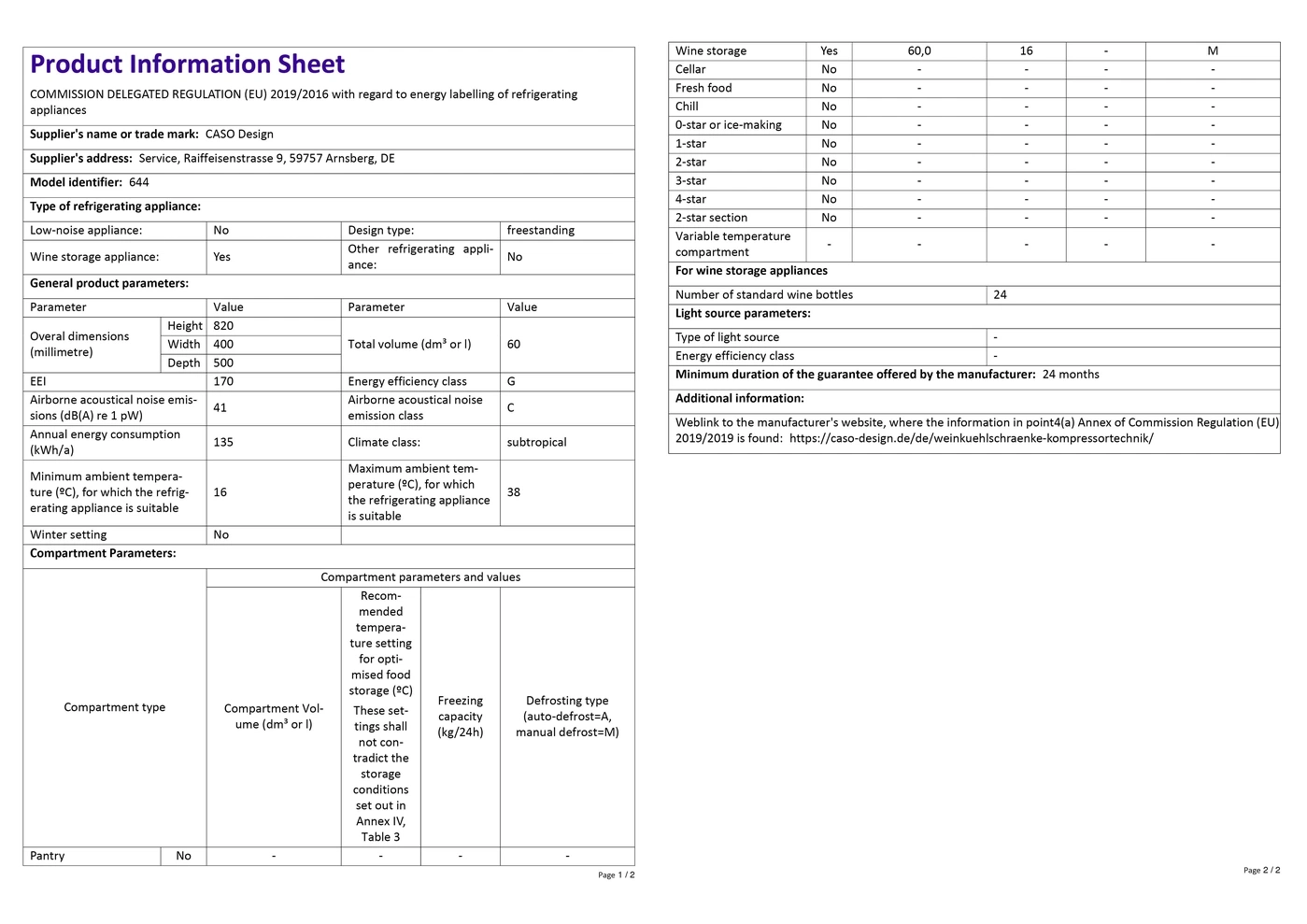 Product data sheet for a refrigerator: energy efficiency, parameters, wine storage, dimensions, climate class, warranty.
