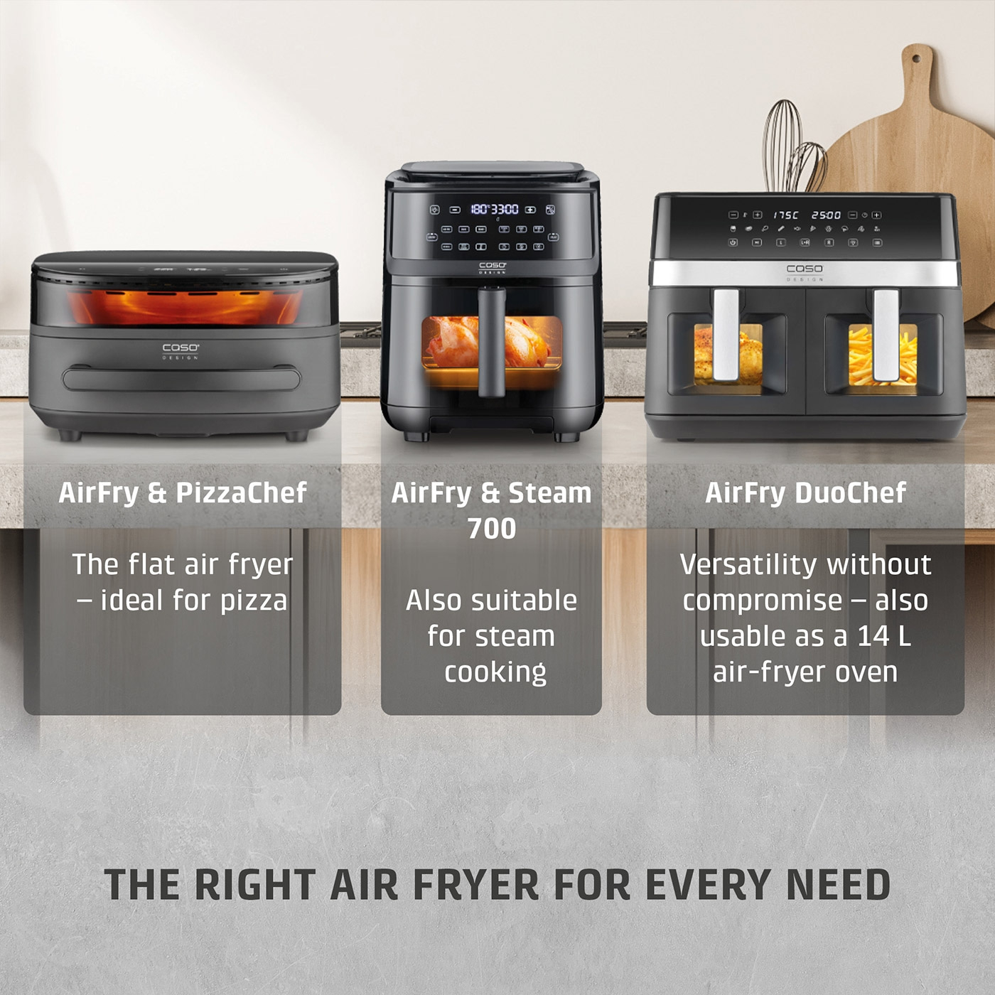Three CASO Airfryers compared on a kitchen countertop with text descriptions