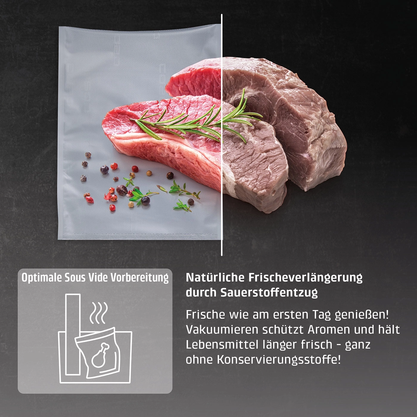 Zwei rohe Fleischstücke, eines davon vakuumverpackt, neben Kräutern und Gewürzen.