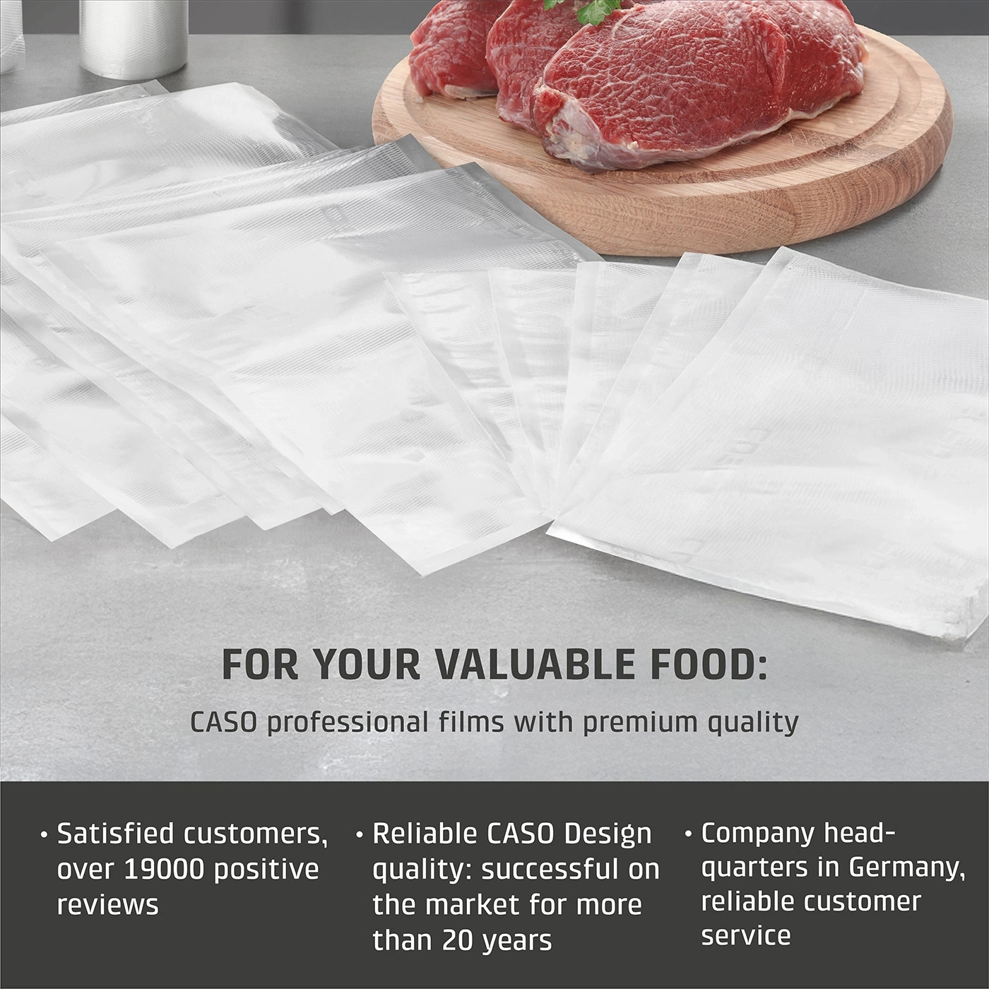 Food packaging with text about satisfied customers, quality and customer service in Germany.