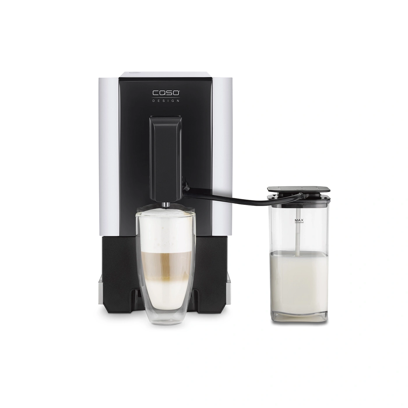 Kaffeemaschine mit Milchaufschäumer und Glas mit Latte Macchiato