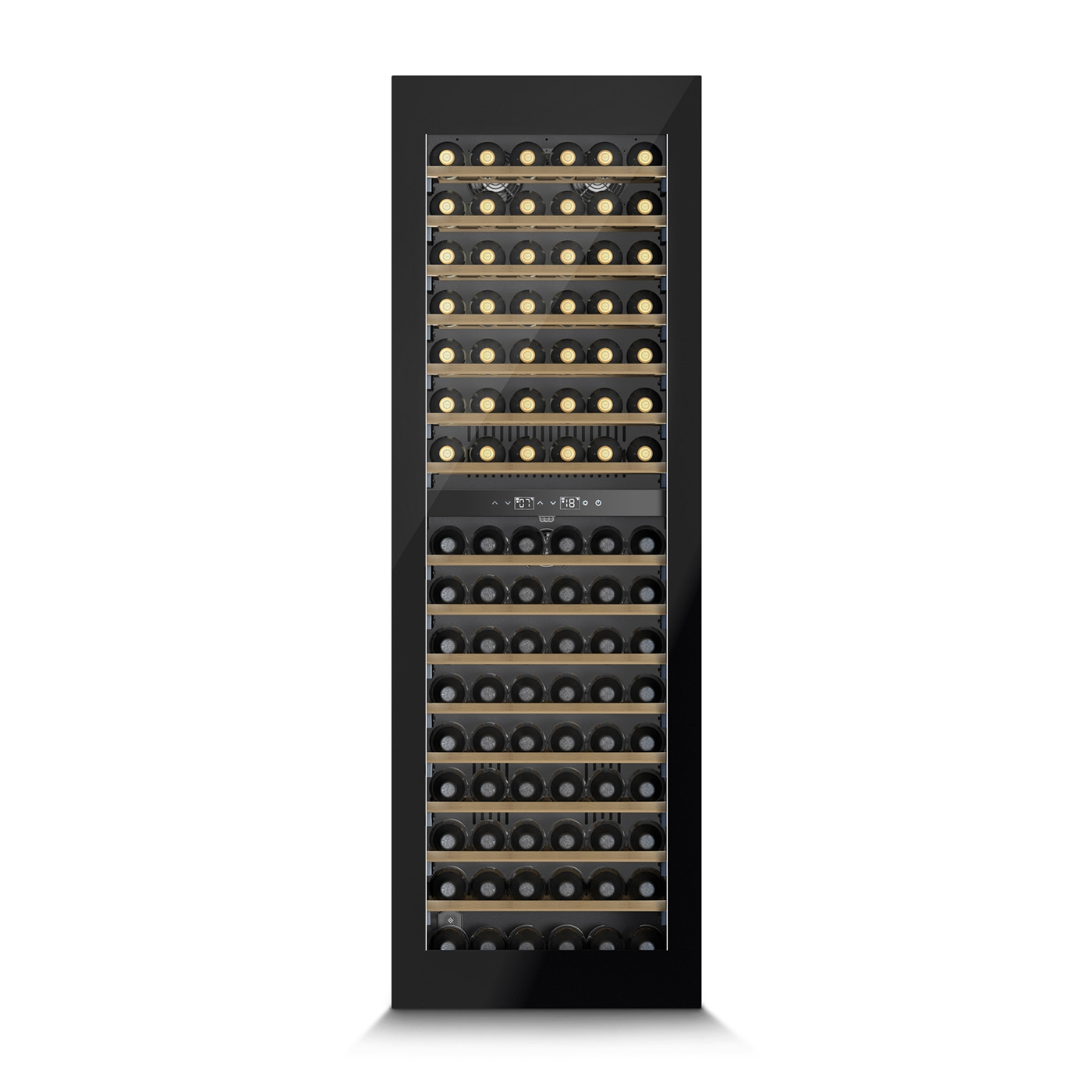 Wine cooler with many wine bottles, black, glass front, temperature display