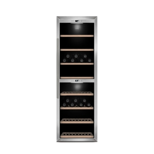 A silver wine cooler with a glass door and wooden shelves, filled with wine bottles.