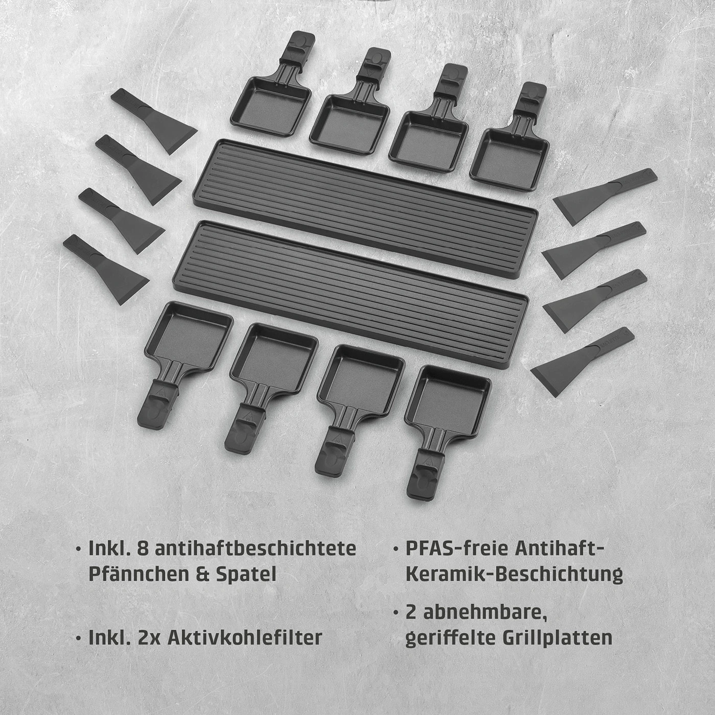 Raclette-Zubehör: Pfännchen, Spatel und Grillplatten
