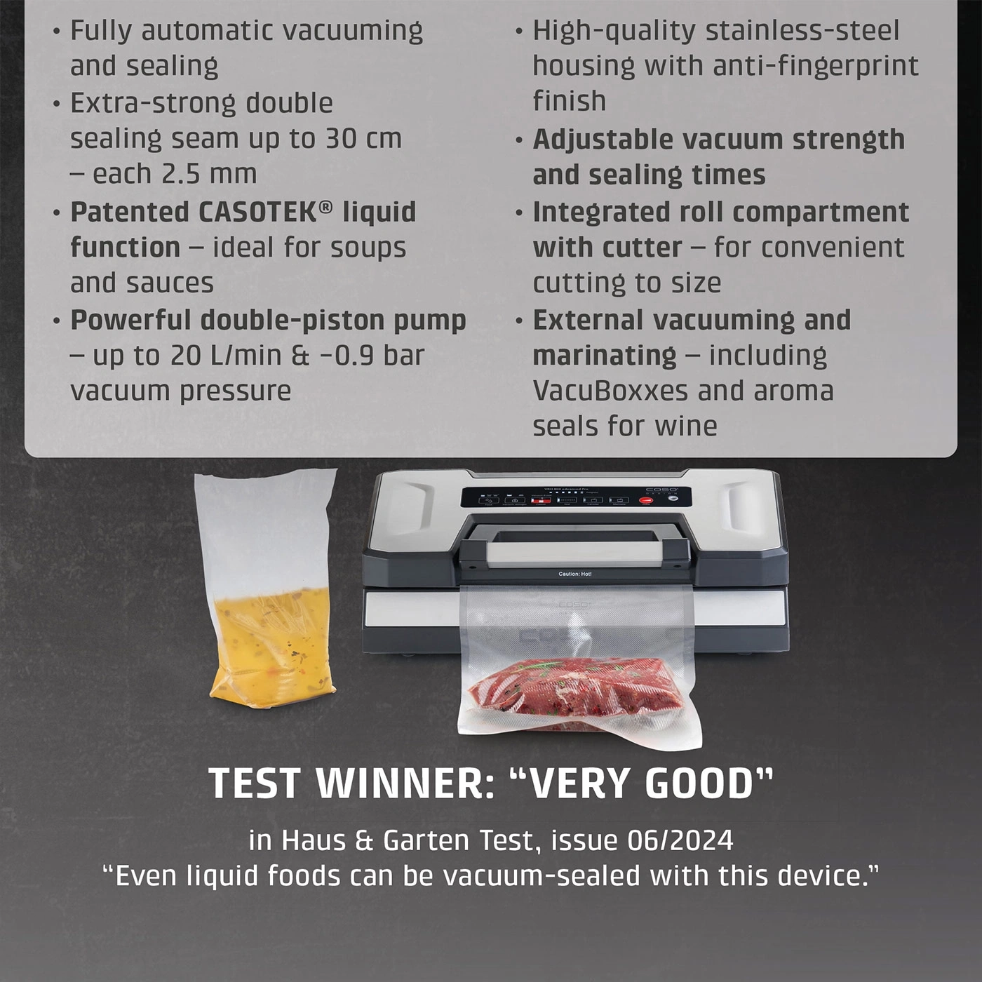 Vacuum sealer with stainless steel housing, accessories, and "Very Good" test rating.