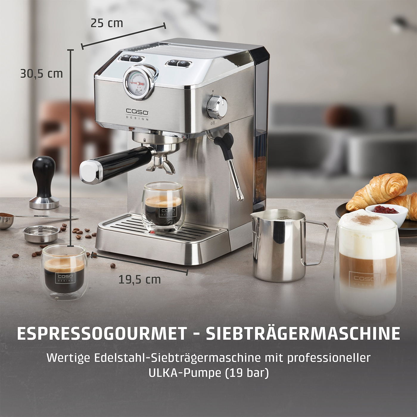 Espressomaschine mit Zubehör, Maßen und Text. Edelstahl, Caso Design, 19 bar.