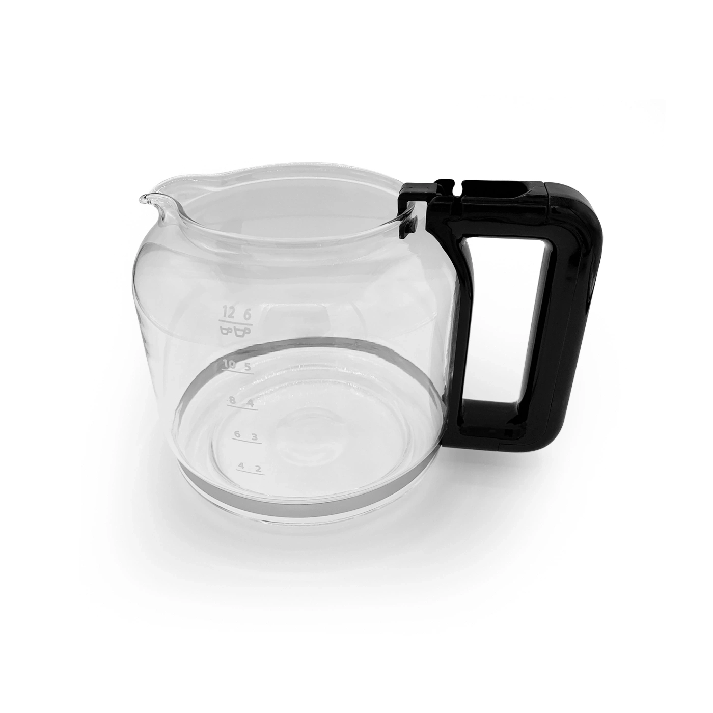 Glass coffee pot with black handle and measurement scale