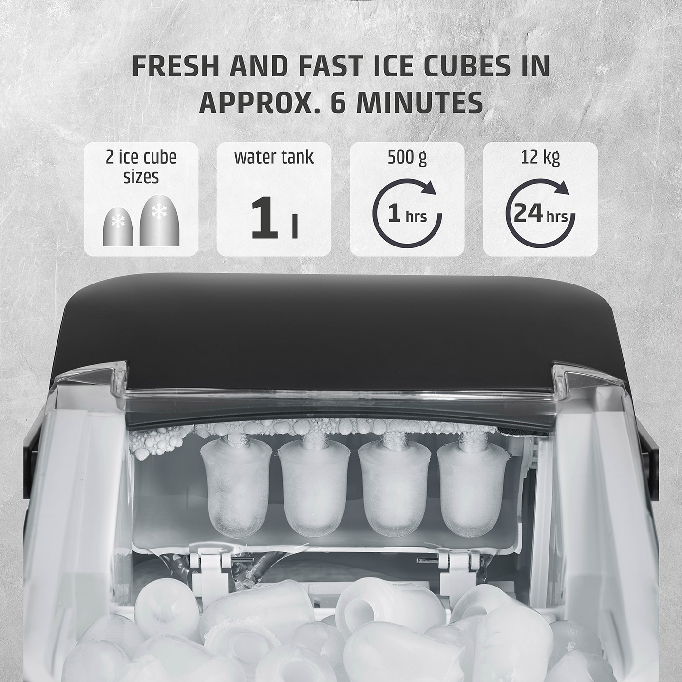 Ice cube machine with 2 ice cube sizes, 1 liter water tank, 500g/h, 12kg/24h.