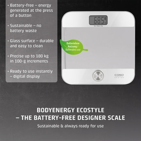 White design scale with digital display and leaf symbol "Battery-free use"