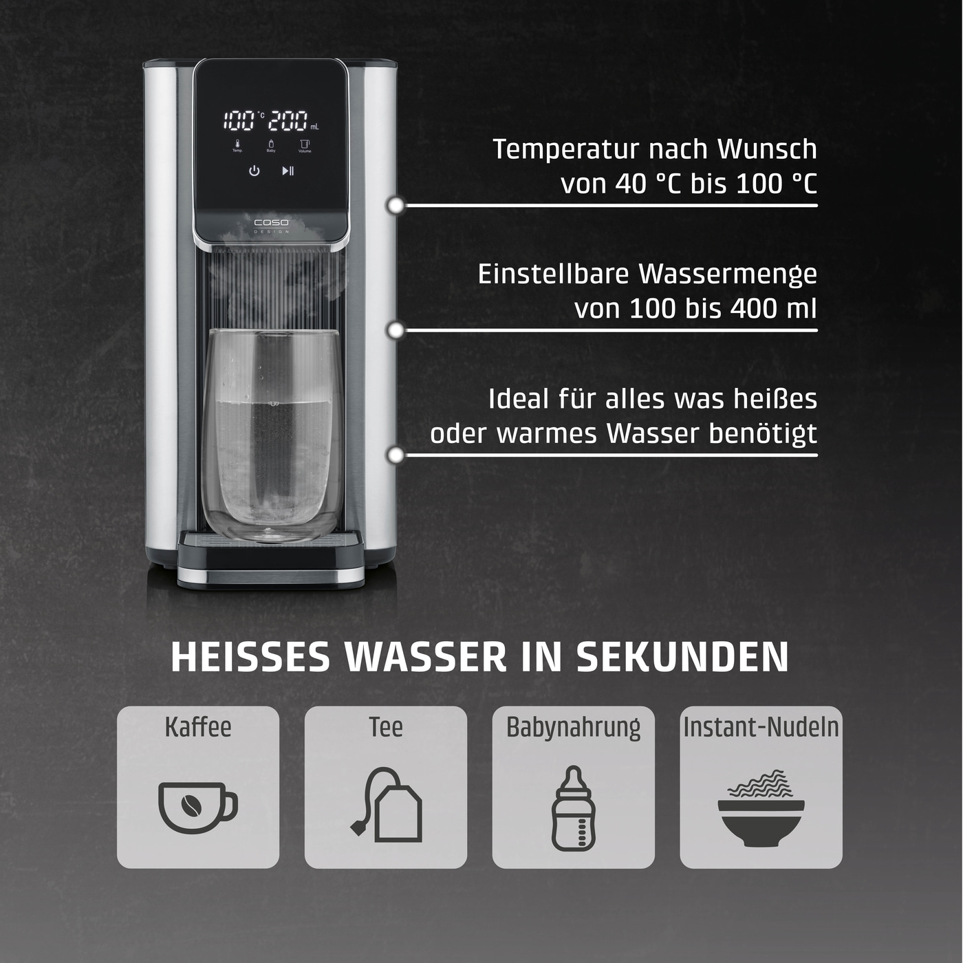 Heißwasserbereiter mit Temperaturregelung und Wassermengenanpassung für Kaffee, Tee, Babynahrung und Instant-Nudeln.