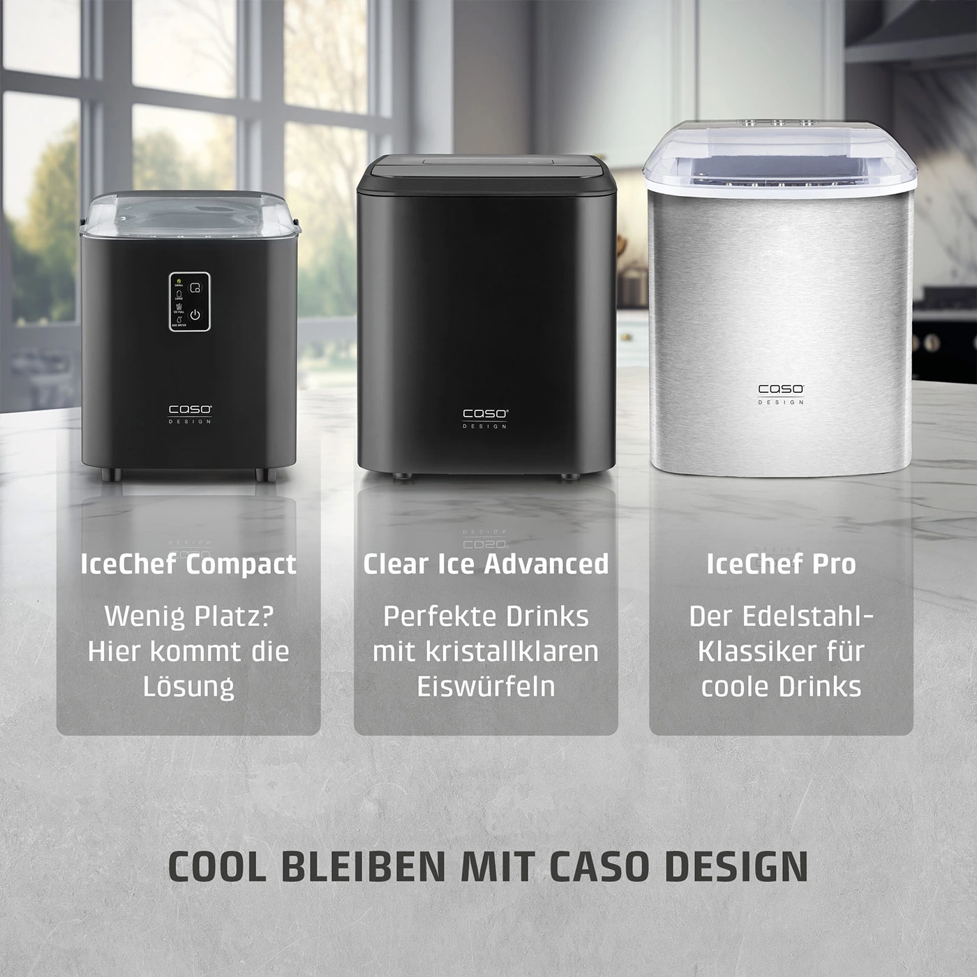 Drei Caso Design Eismaschinen: IceChef Compact, Clear Ice Advanced und IceChef Pro.