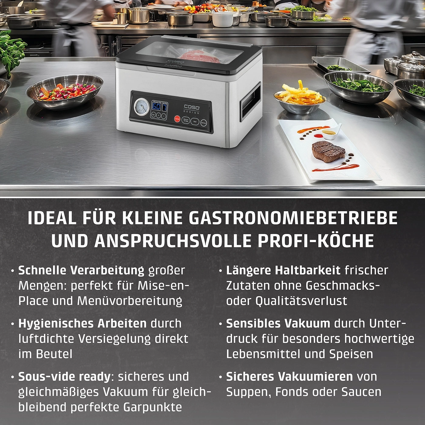 Vakuumiergerät für Gastronomiebetriebe und Profi-Köche, ideal für Mise-en-Place und Menüvorbereitung.