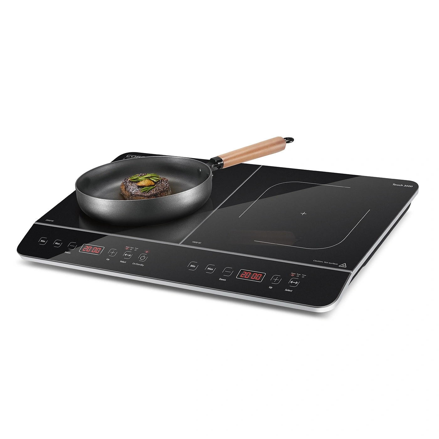 Induction cooktop with pan and steak, Touch 3500, black surface, control panel, cooking