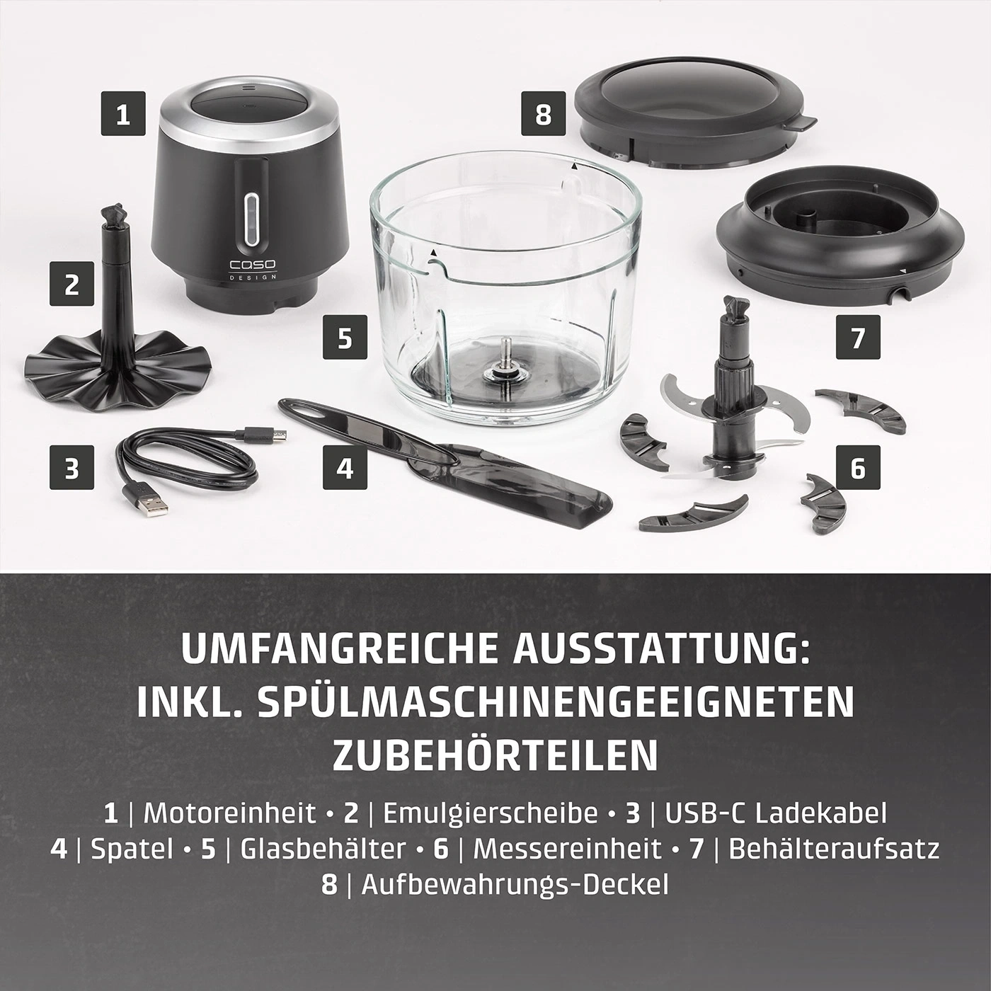 Ein Küchenzerkleinerer mit verschiedenen Aufsätzen und Zubehörteilen, nummeriert für einfache Identifizierung.