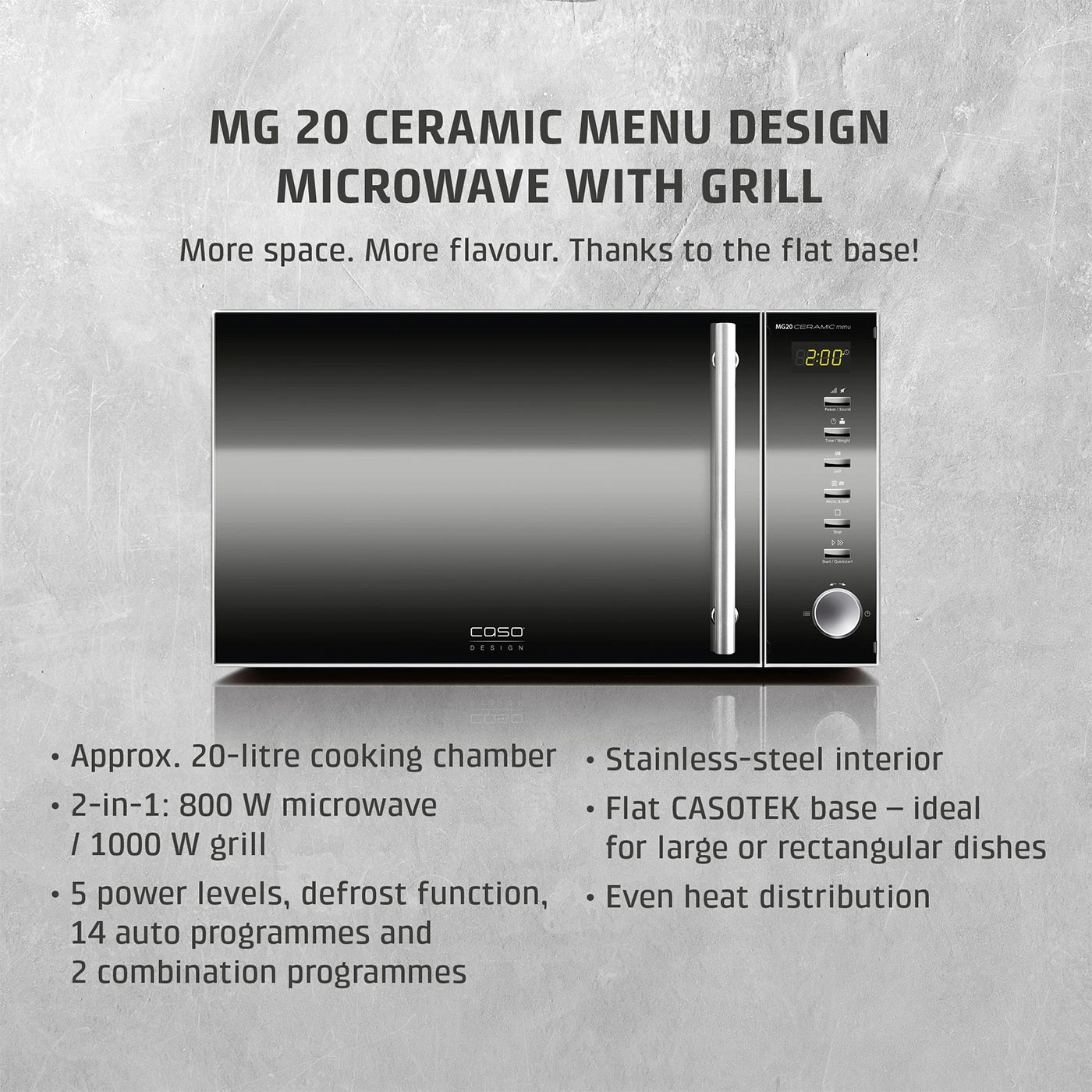 A black CASO DESIGN microwave with grill, model MG 20 CERAMIC MENU.