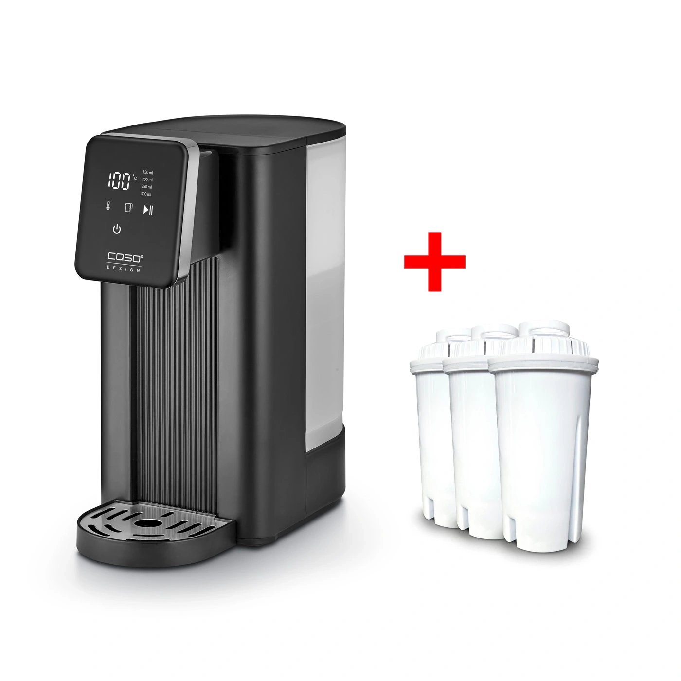 Ein Wasserspender mit drei Wasserfiltern und einem roten Pluszeichen auf weißem Hintergrund.
