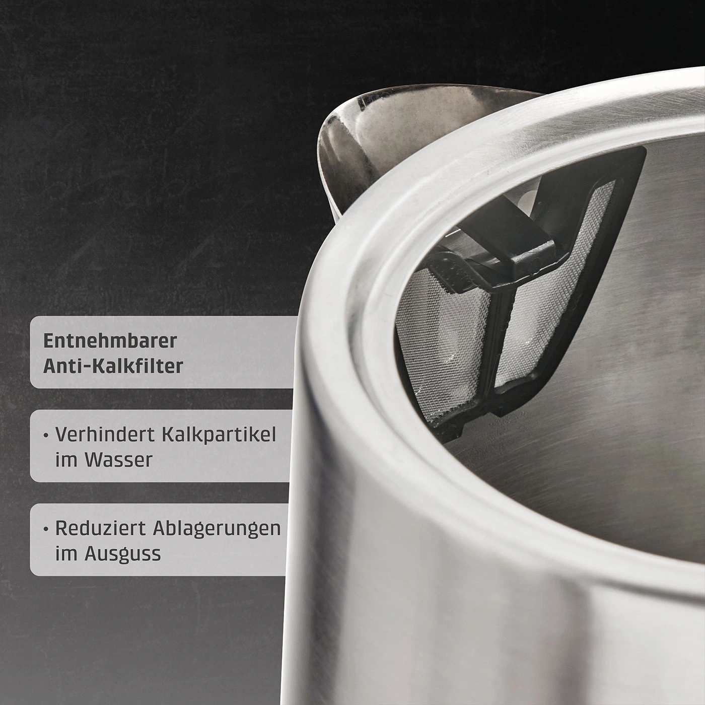 Entnehmbarer Anti-Kalkfilter, verhindert Kalkpartikel im Wasser und reduziert Ablagerungen im Ausguss.