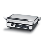 Elektrischer Kontaktgrill, silber und schwarz, mit digitaler Anzeige und Bedienelementen.