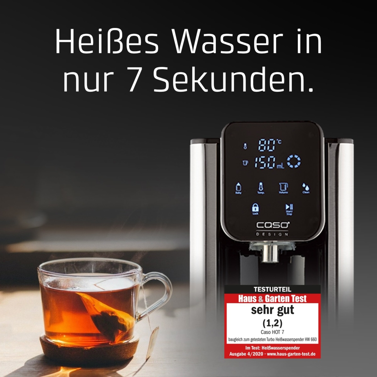 Hot water dispenser with rating, cup of tea, 7 seconds, Caso HOT 7, Haus & Garten Test