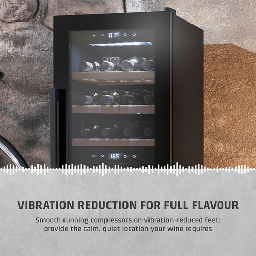 Wine cooler with text: Vibration-free storage for full flavor and taste.
