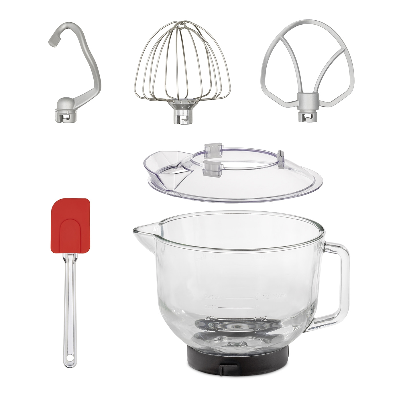 Küchenmaschine mit Zubehör: Knethaken, Schneebesen, Flachrührer, Schüssel, Deckel, Spatel.