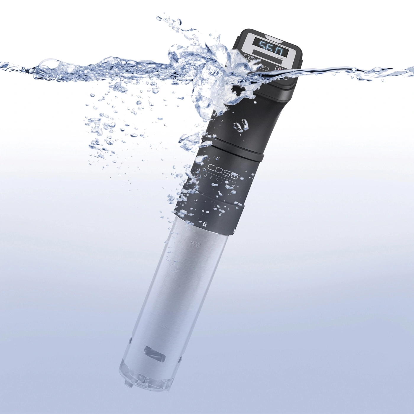 Sous vide cooker in water, with digital display, surrounded by water bubbles.