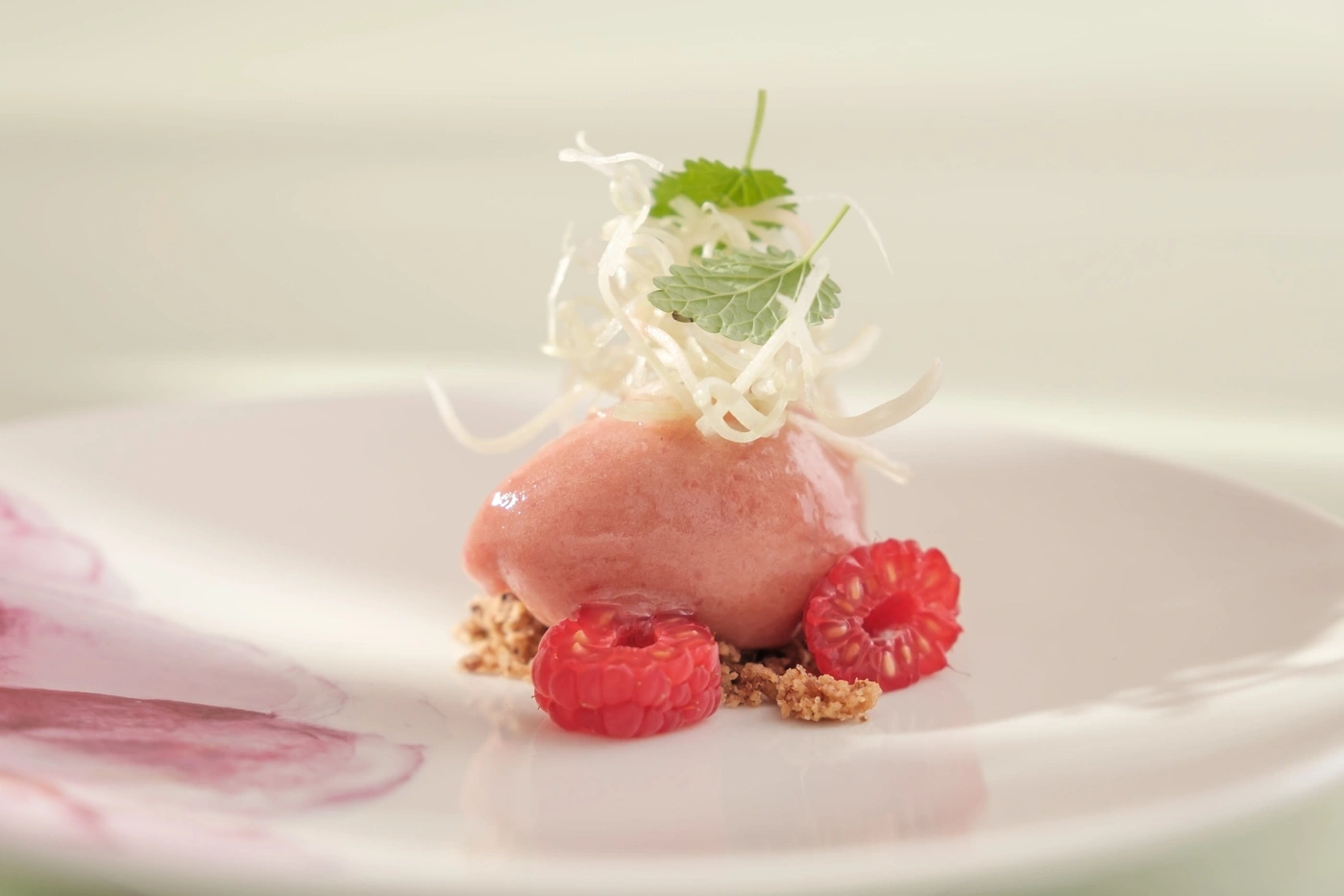 Dessert mit Himbeeren, Eiscreme und Dekoration auf einem Teller
