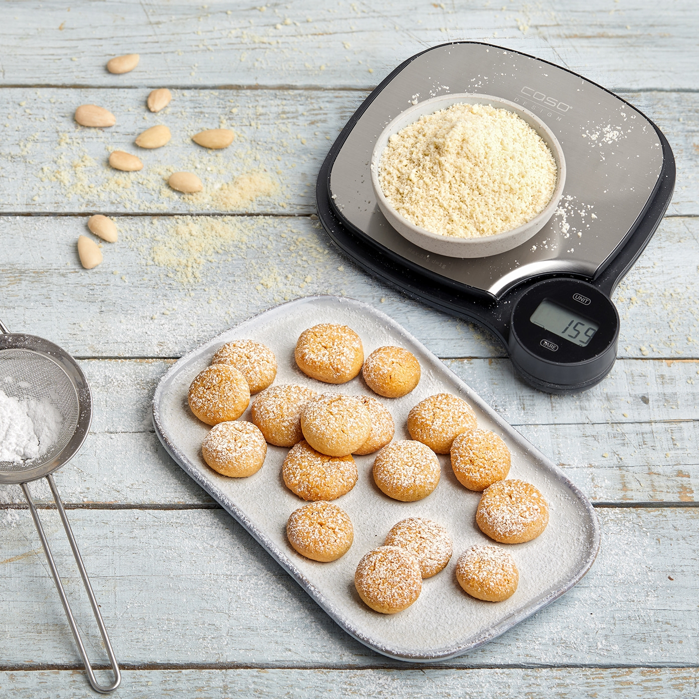 Cookies, almonds, scale, powdered sugar, baking, kitchen, food, sweets, dessert, baked goods