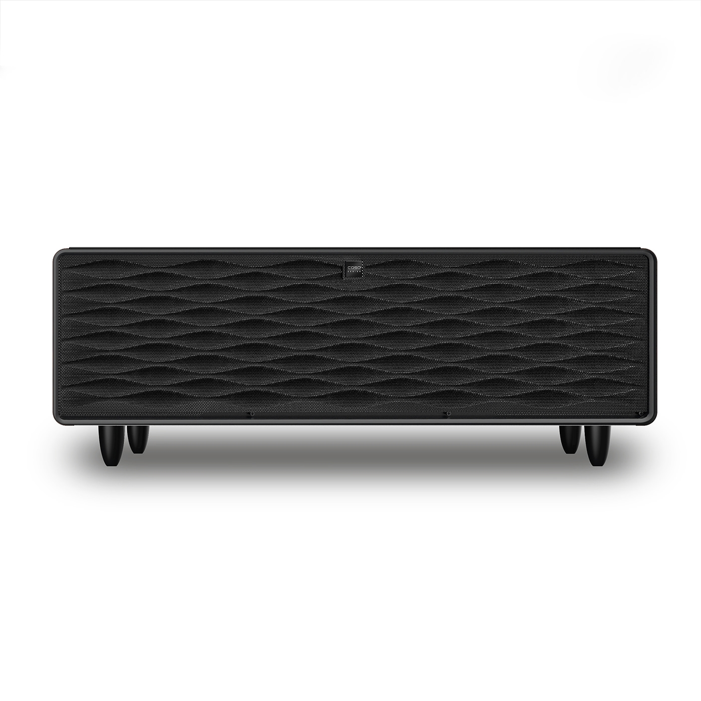 Black speaker with wavy surface and feet on a white background.