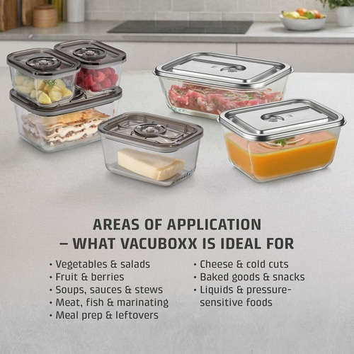 VacuBoxx Eco-Set Stackable glass vacuum container set with SAN lid