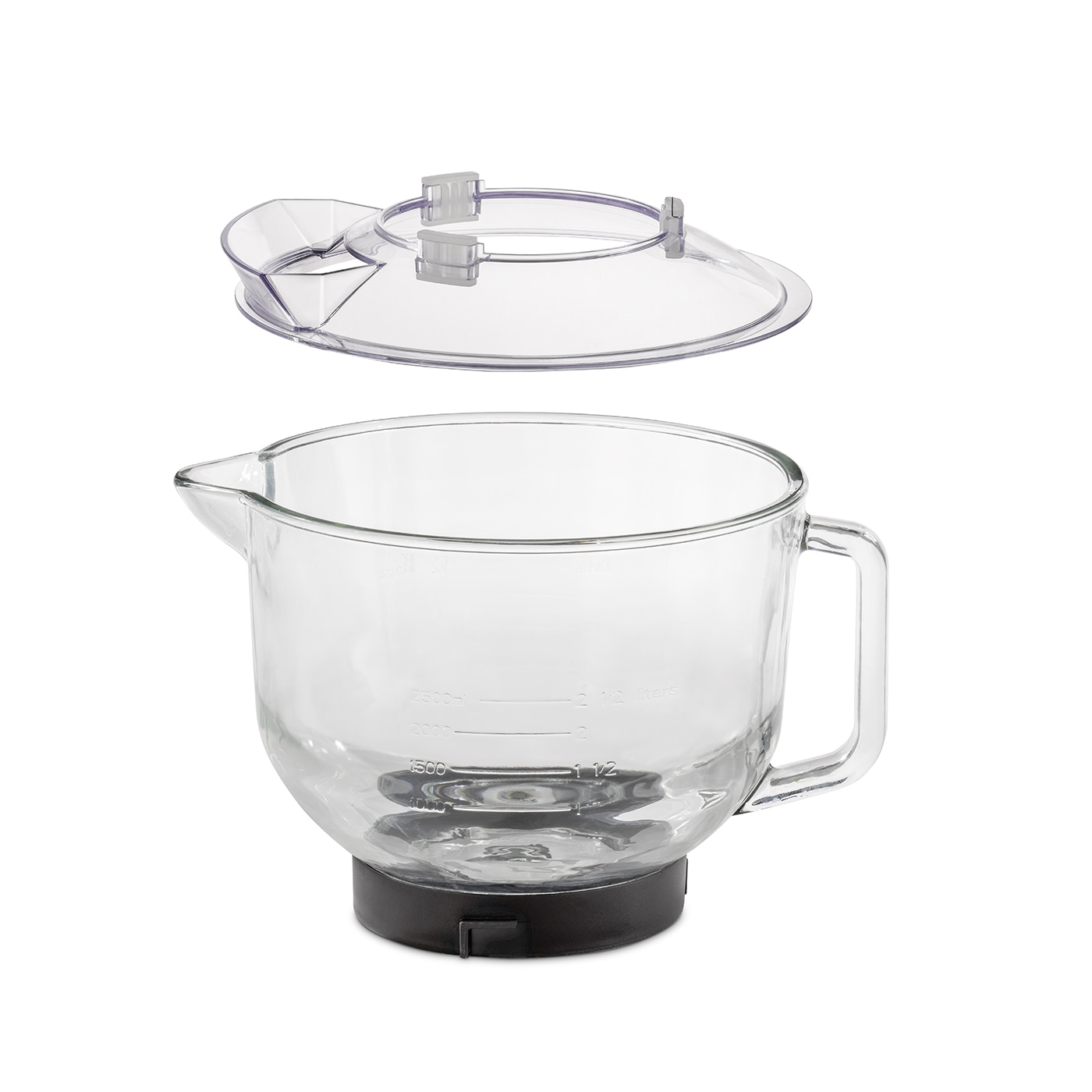 Glas-Mixschüssel mit Deckel, transparent, mit Griff und Messskala, isoliert auf weißem Hintergrund