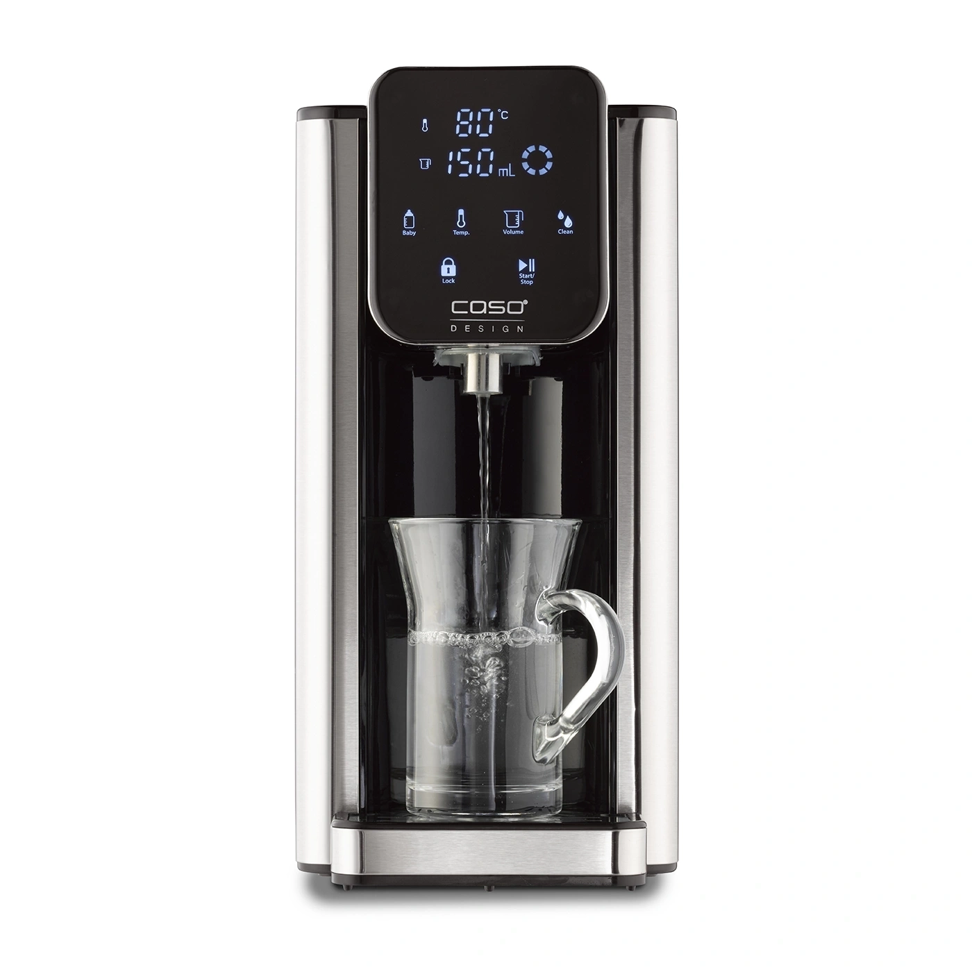 A water dispenser with a digital display, dispensing water into a glass.