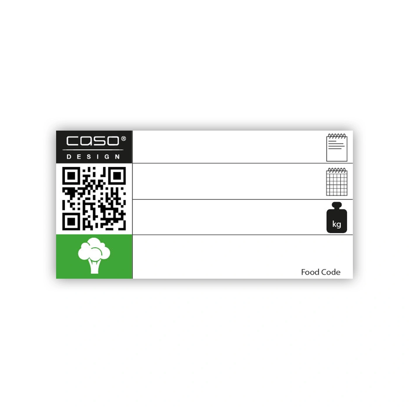 Etikett mit Logo, QR-Code, Symbolen und Text 'Food Code' auf weißem Hintergrund.