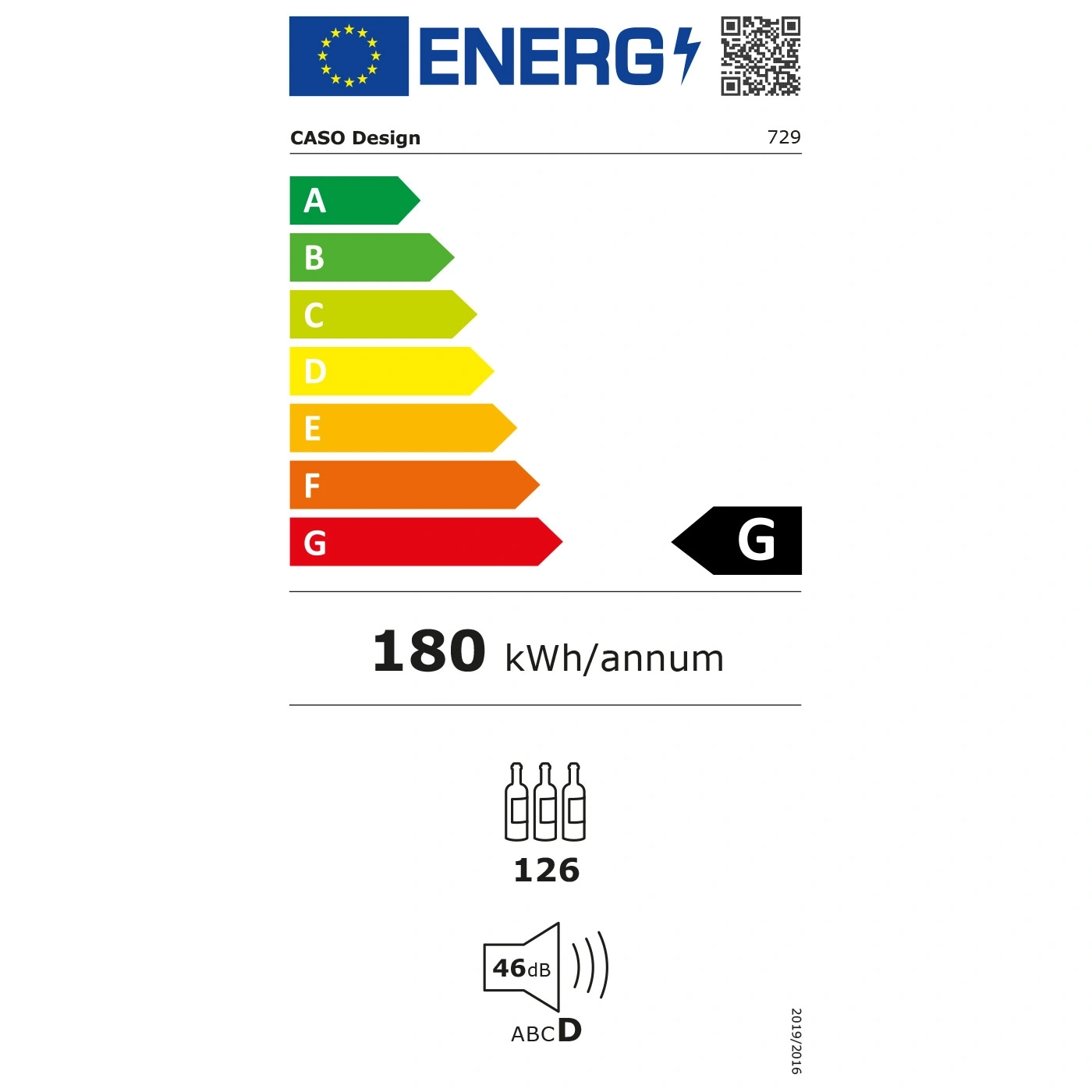 Energieeffizienzlabel für CASO Design, Energieklasse G, 180 kWh/annum, 46dB