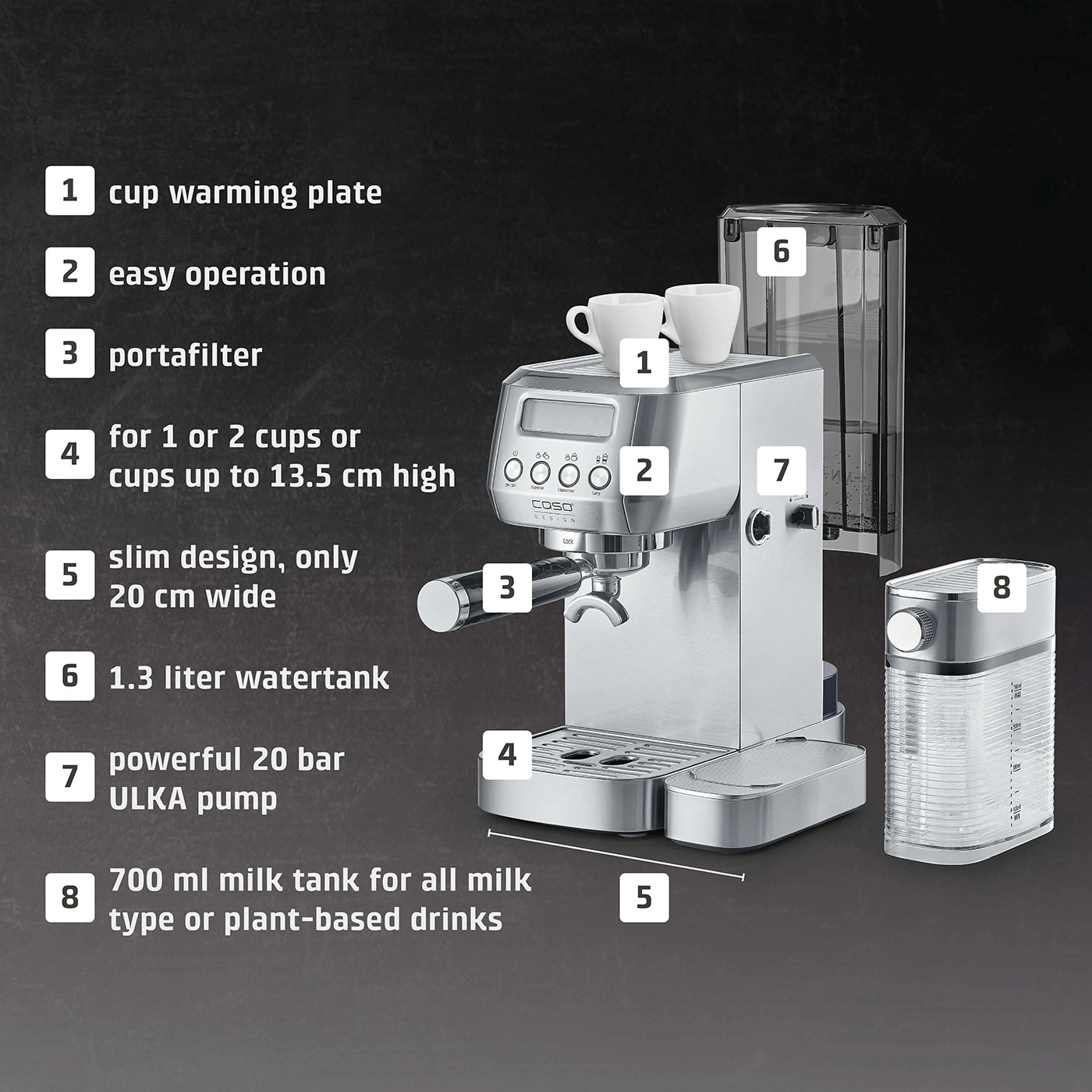 Espresso machine with features: warming plate, easy operation, portafilter, milk tank, and more.