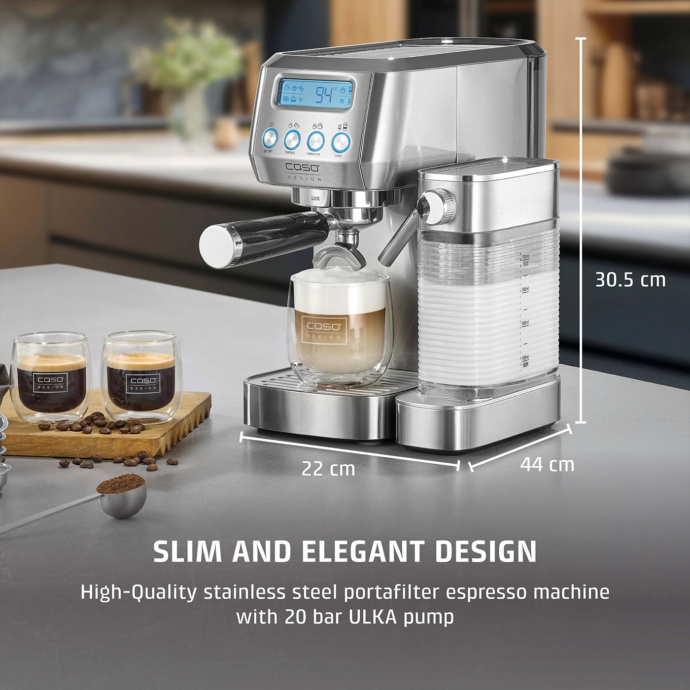 Espresso machine with milk frother, 22cm wide, 30.5cm high, 44cm deep, Caso Design