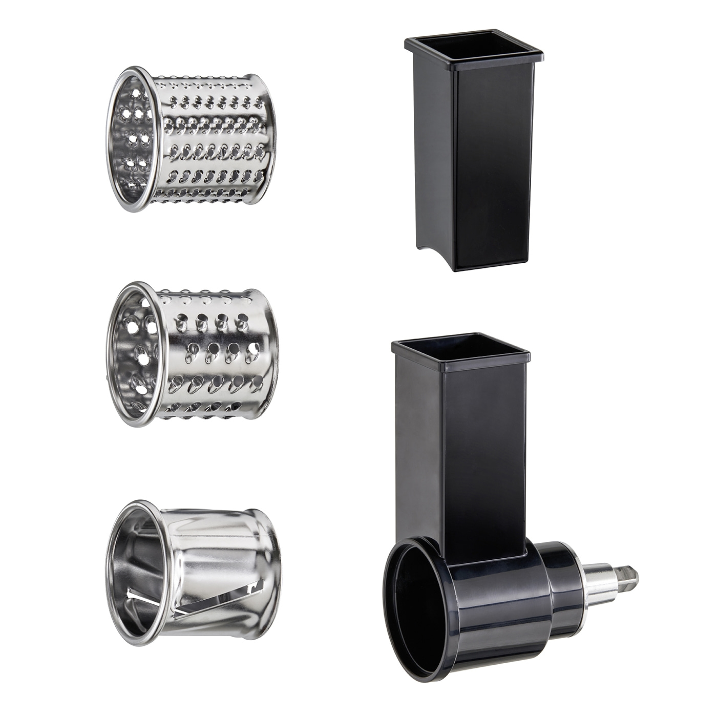 Kitchen appliance with various attachments for grating and slicing food items.