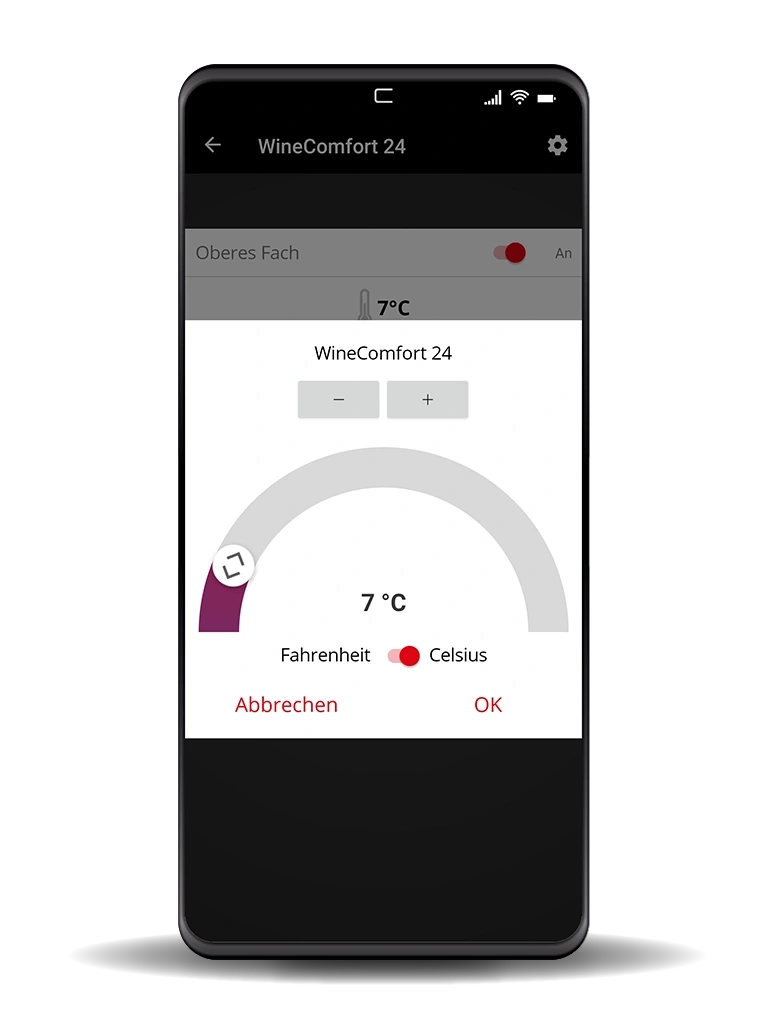 Weinkühler-App mit Temperaturregelung, Celsius-Anzeige und Bestätigung.