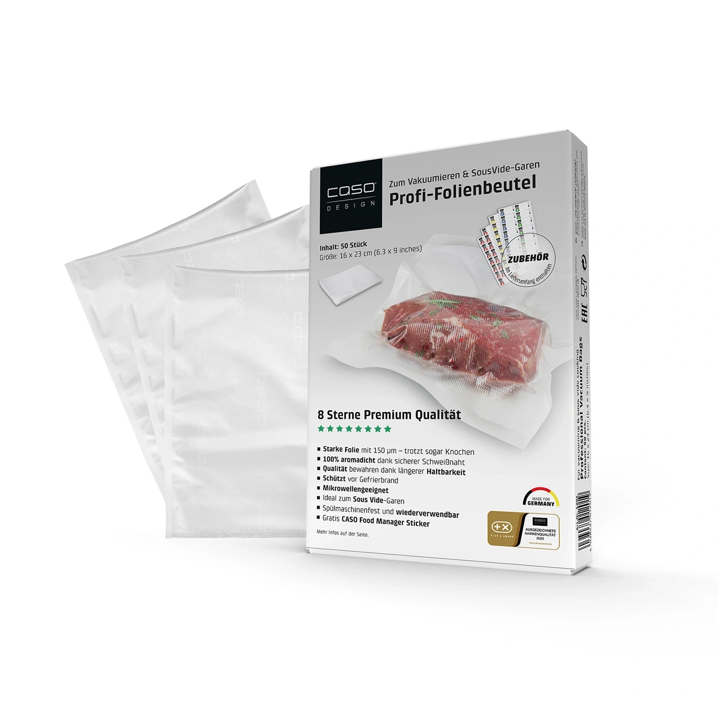 Professionelle Vakuumierbeutel für Lebensmittel und Sous-Vide-Garen mit "8 Sterne Premium Qualität" Siegel.