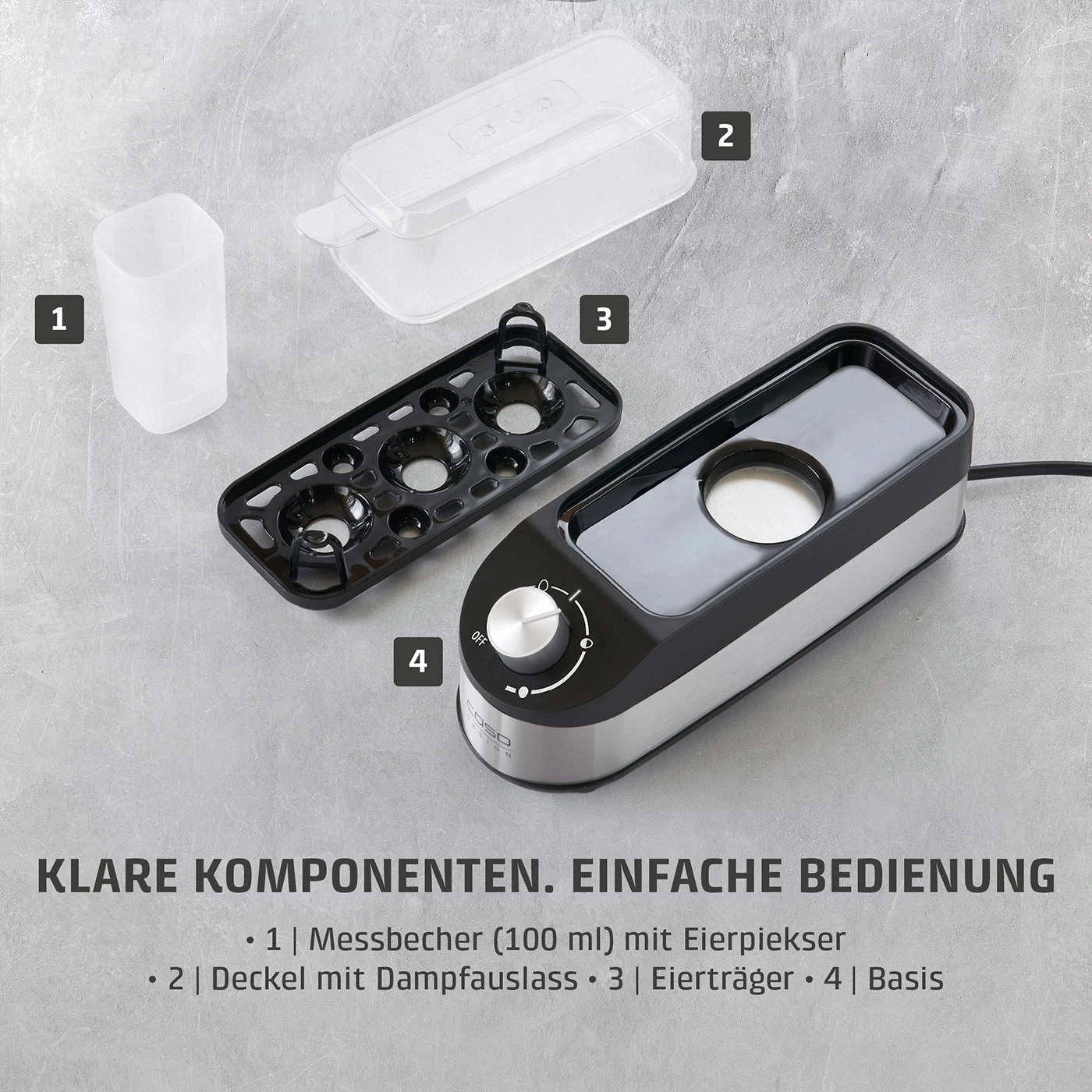 Ein Dampfgarer mit vier nummerierten Komponenten und deutscher Beschriftung.